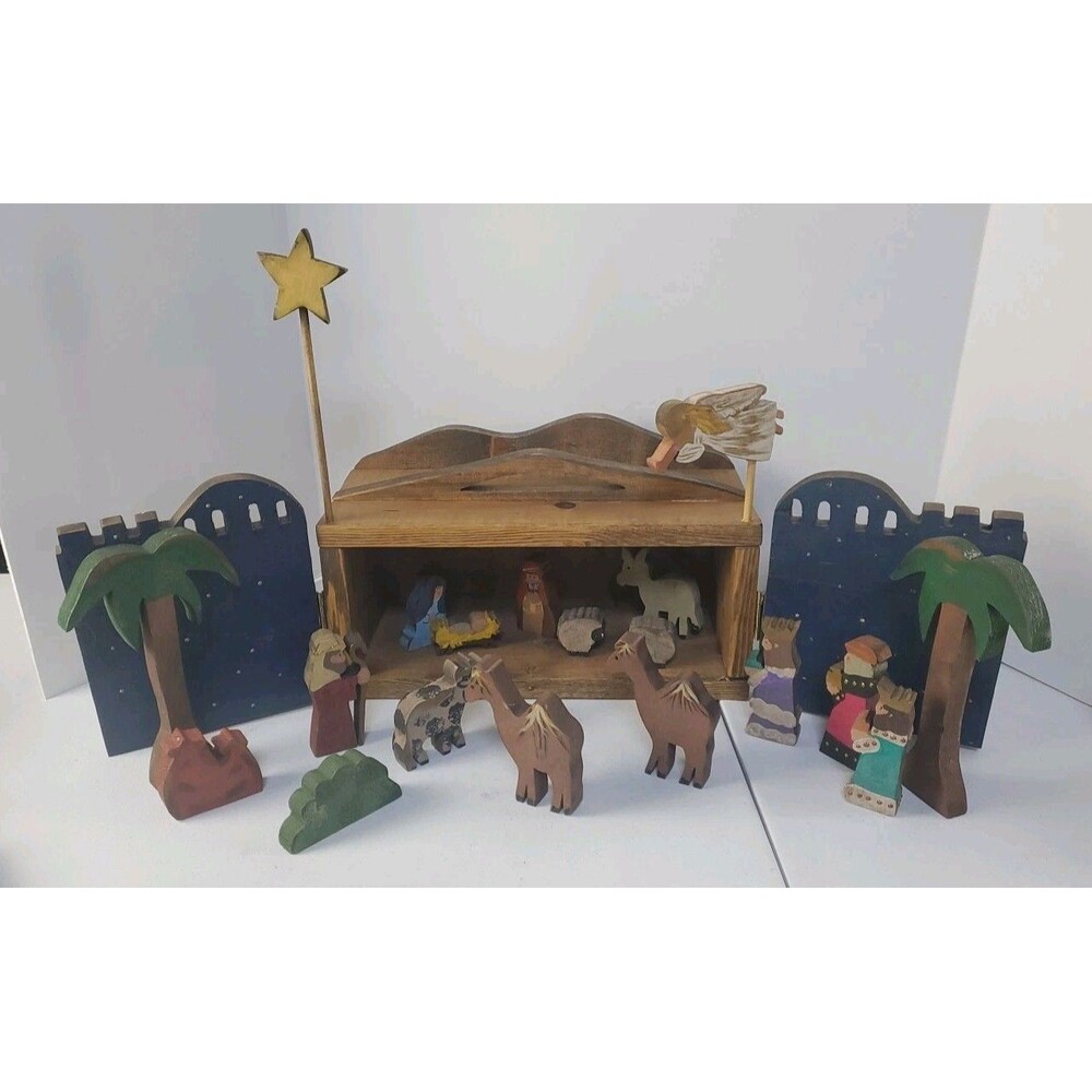 Vtg Hand Painted Kids Wooden Nativity Set Carved Pine Blocks 19 pieces Case